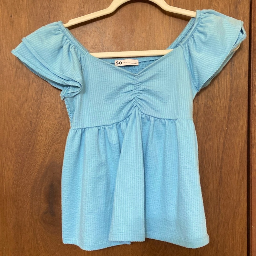 SO Blue Babydoll Ruffle Ribbed Top Juniors